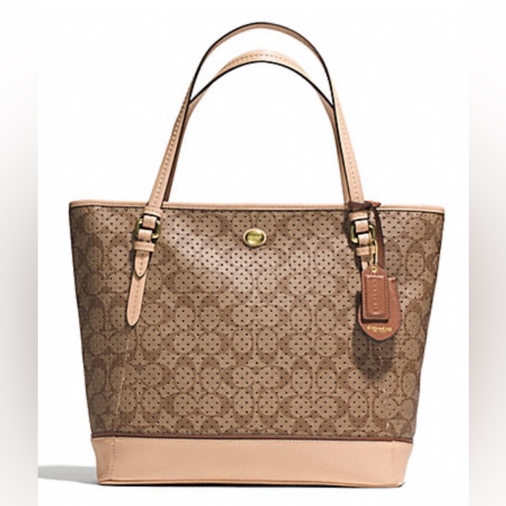 Nwt Coach Signature C Peyton Perforated Zip Top Tote In Khak